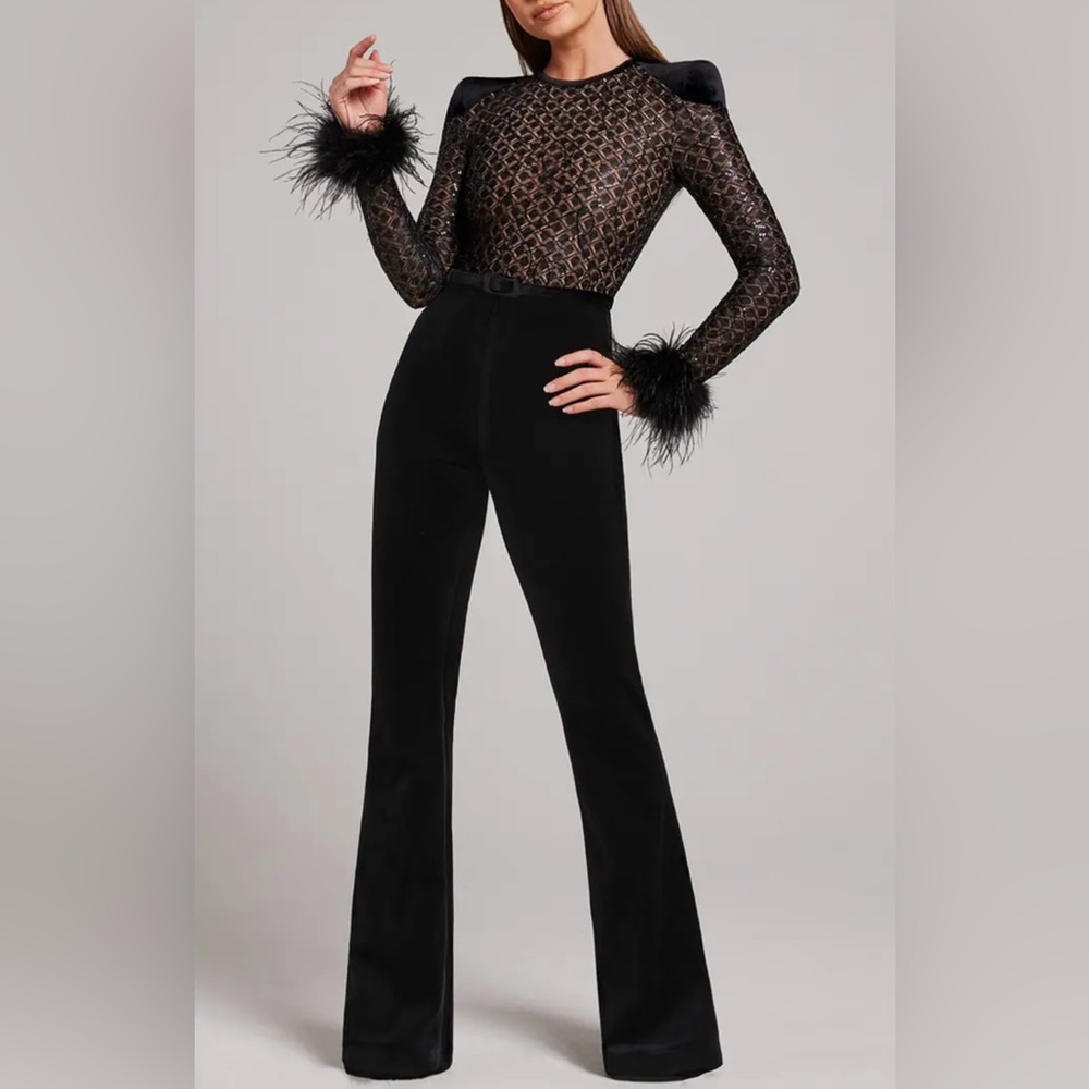NADINE MERABI Mixed Media Long Sleeve Jumpsuit